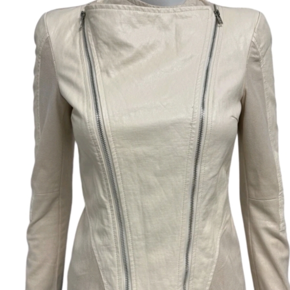 Cream Leather Jacket Asymmetrical Zipper Sleek Fit